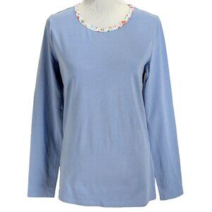 Lands End Long Sleeve Tee Shirt Womens Size S Tall Blue Floral Trim Knit Top
